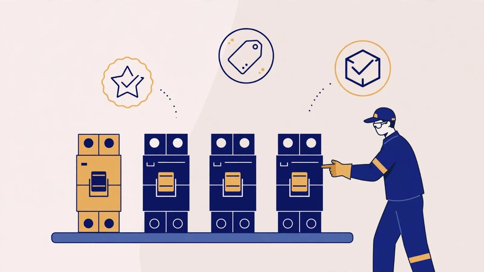 Illustration: four circuit breakers compared, with a star, a price tag and a check mark