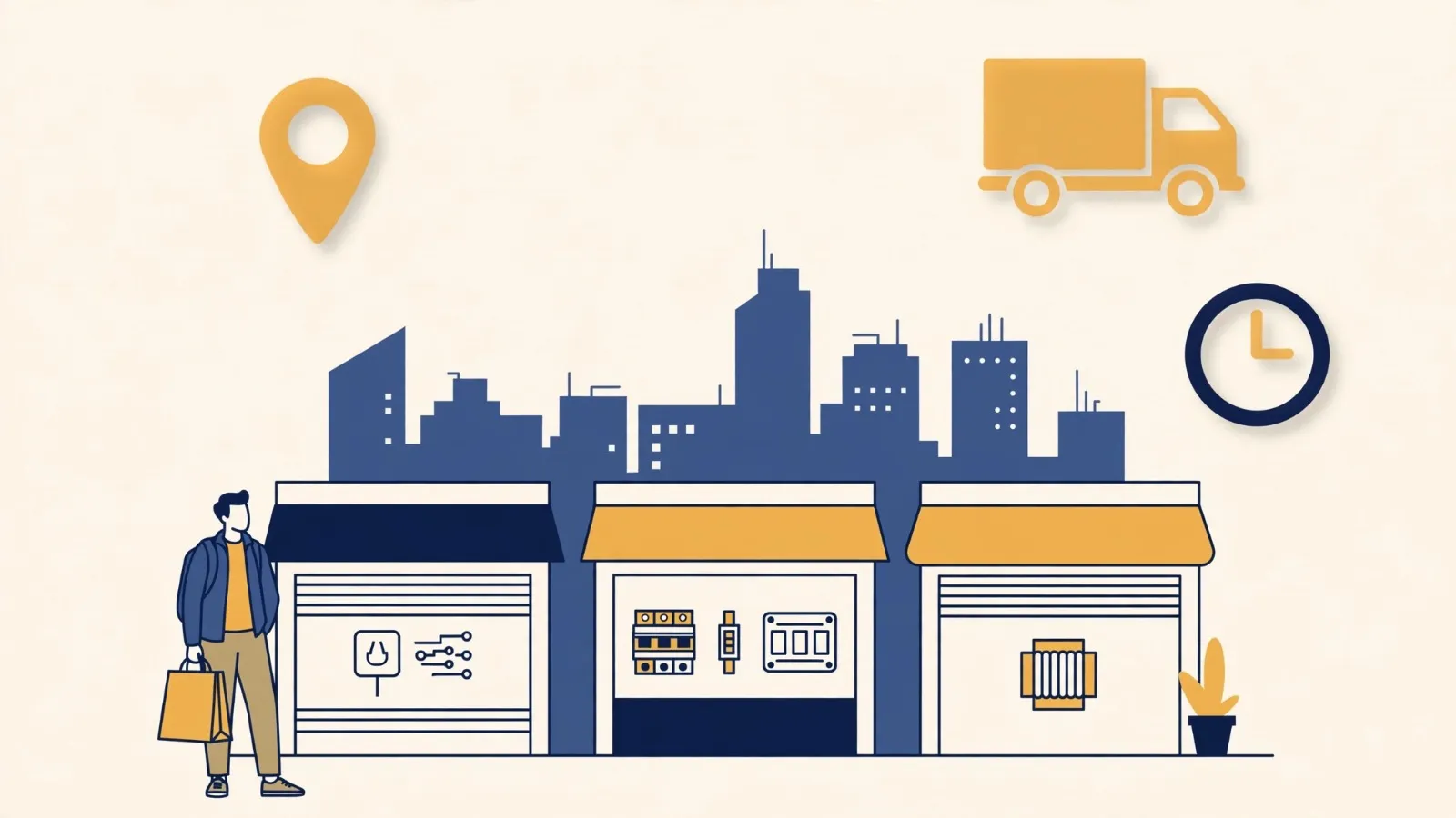 Illustration: city shops with a location pin, a delivery truck and a clock