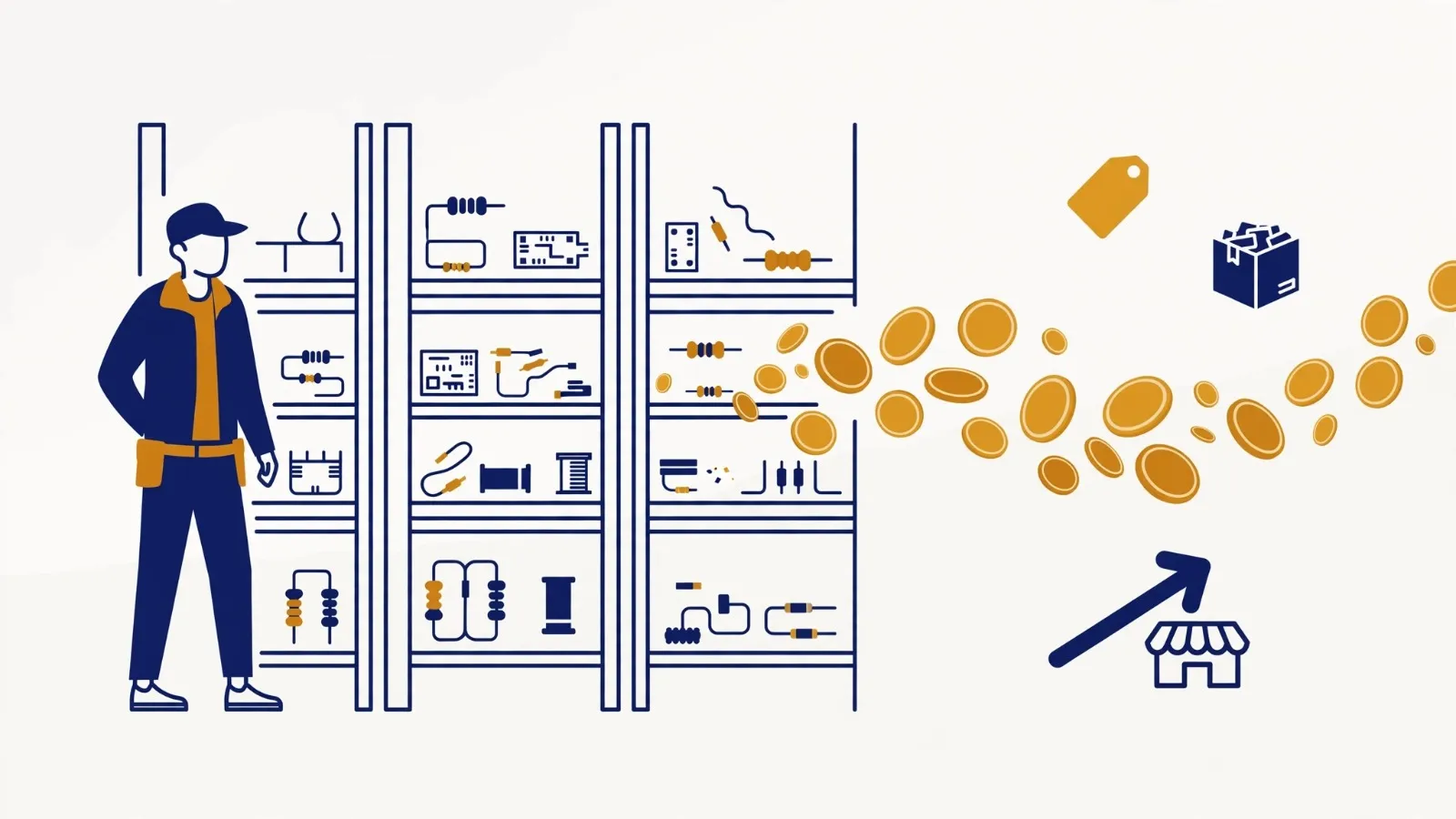 Illustration: shelves of electrical inventory turning into coins