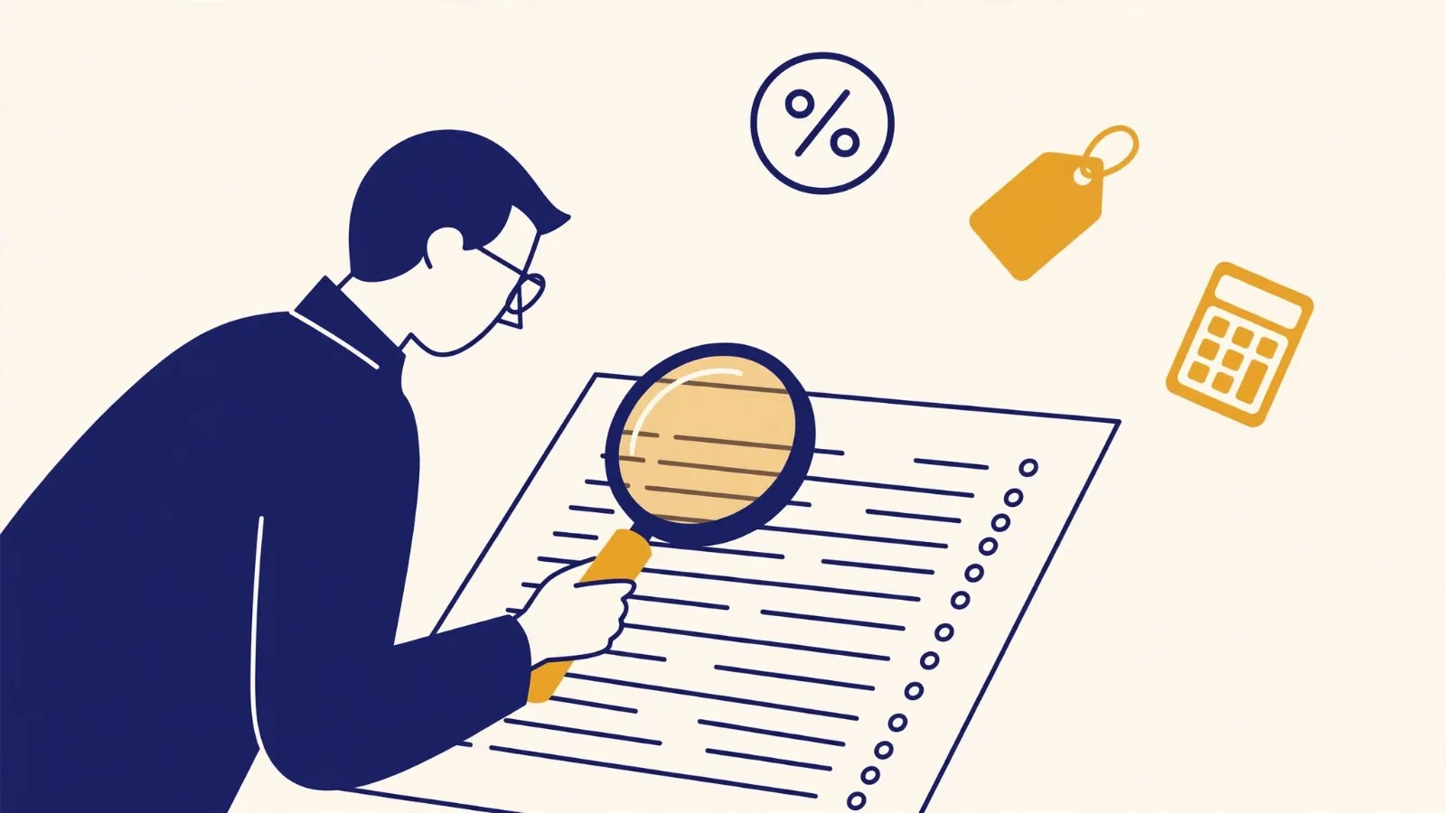 Illustration: a magnifier over a price list, with a percent sign, a price tag and a calculator
