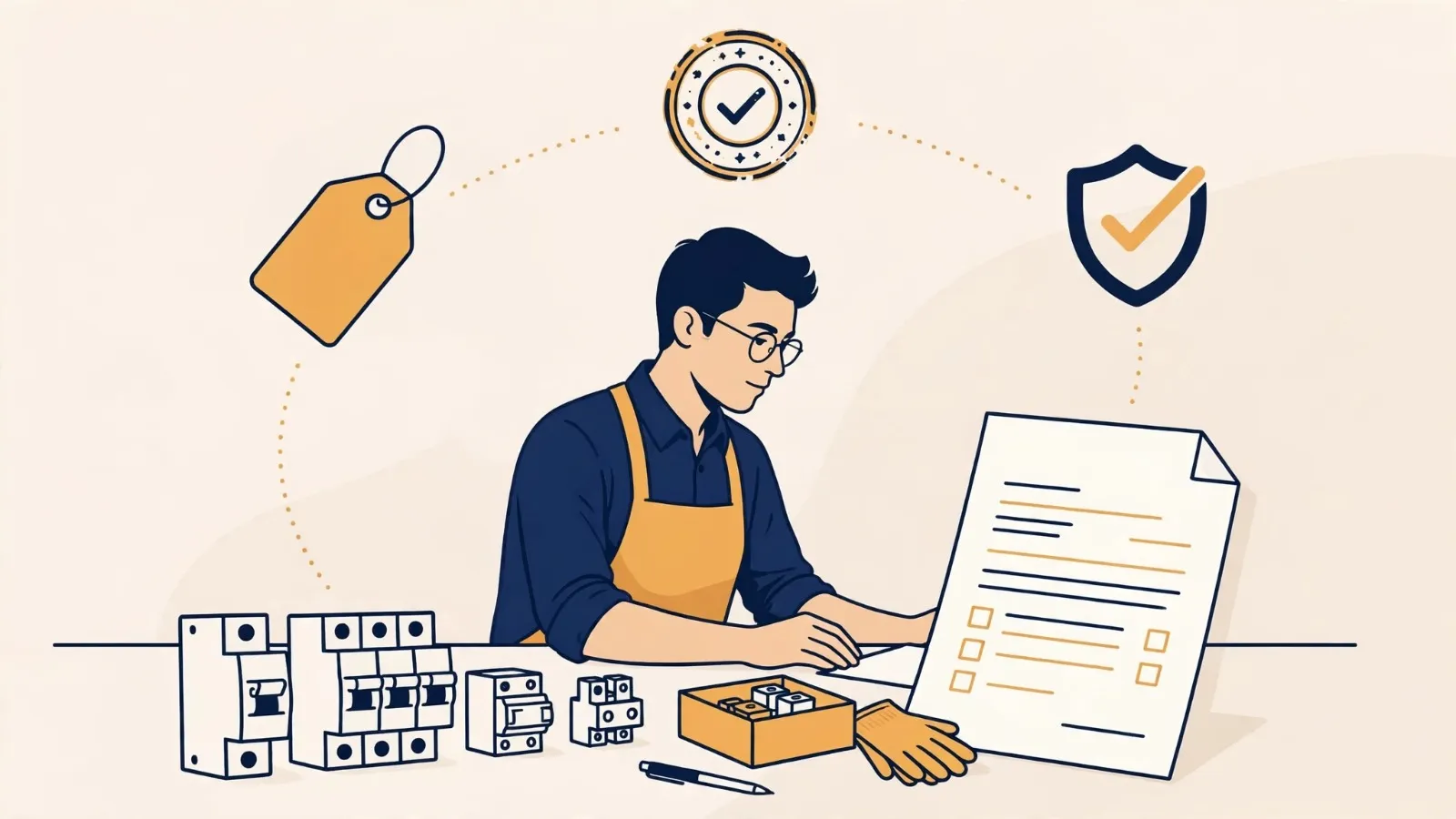 Illustration: a document being checked, with a price tag, a certified seal and a shield