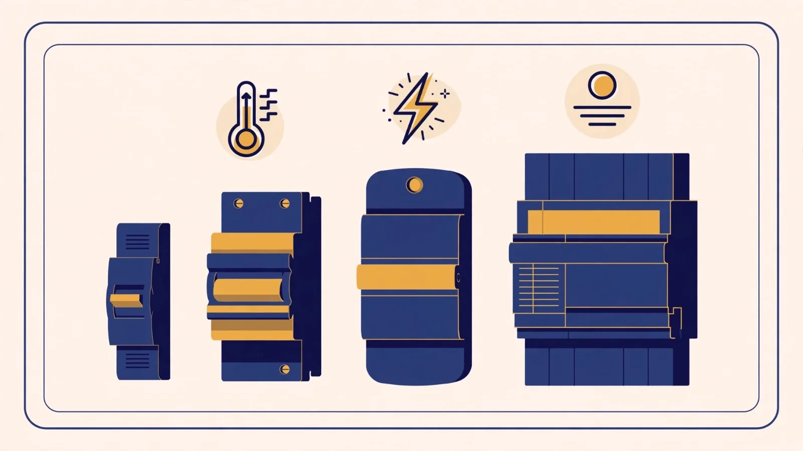 Illustration: four breaker types, MCB to ACB, with icons for overload heat, short circuit and earth leakage