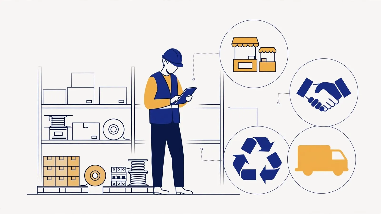 Illustration: a worker checks surplus switchgear stock, with icons for a marketplace, a handshake, recycling and a truck