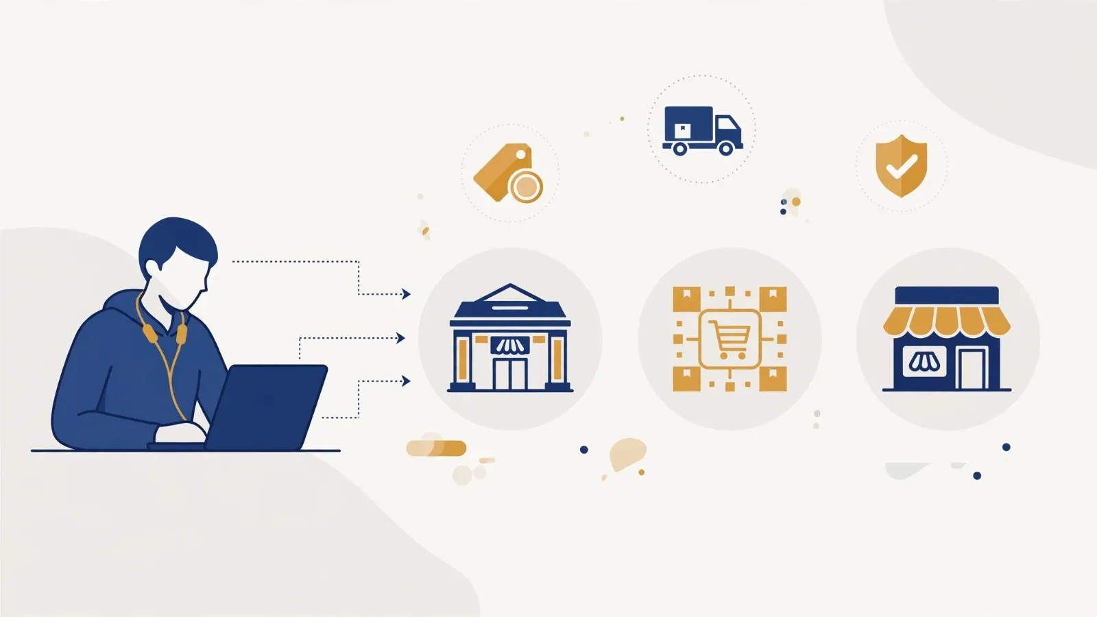 Illustration: a laptop linking to a brand store, an online marketplace and a local shop